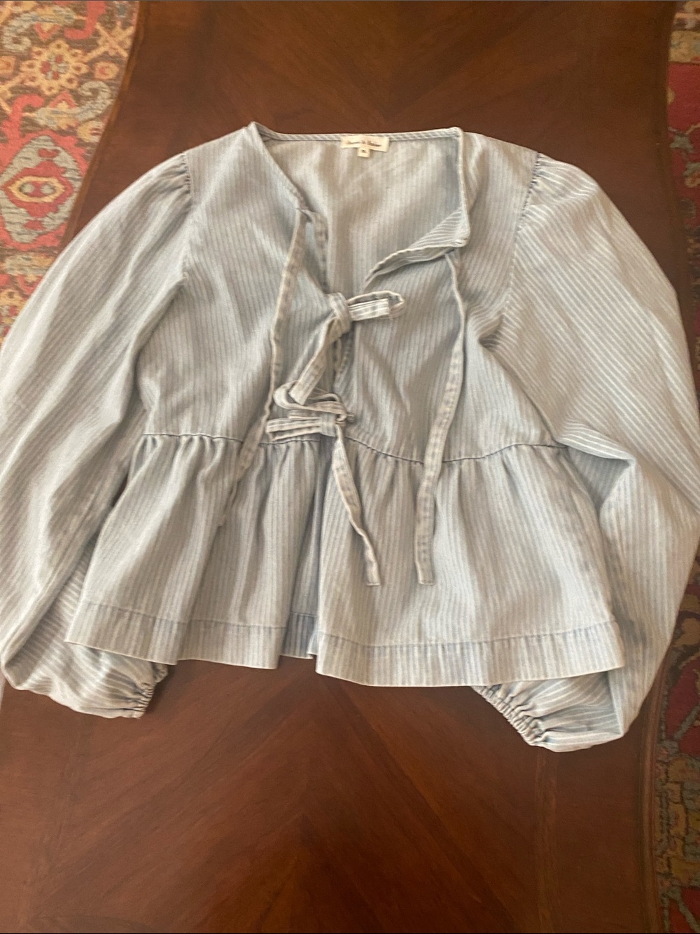 Light Blue Striped Tie-Front Casual Button Down Shirt